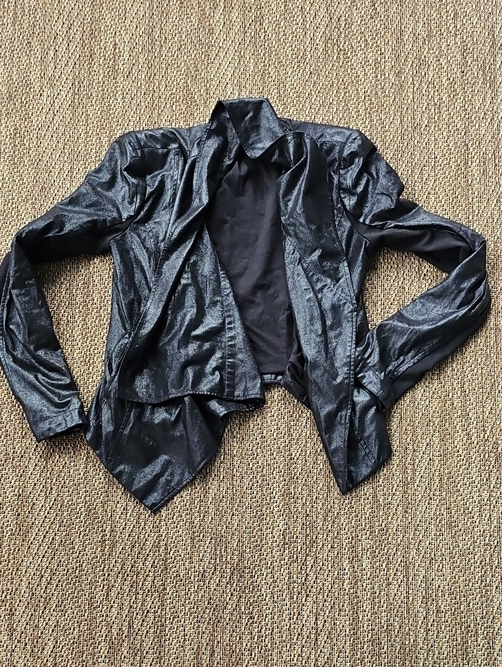 bebe Vintage Waterfall Metallic Black Draped Open-Front Blazer